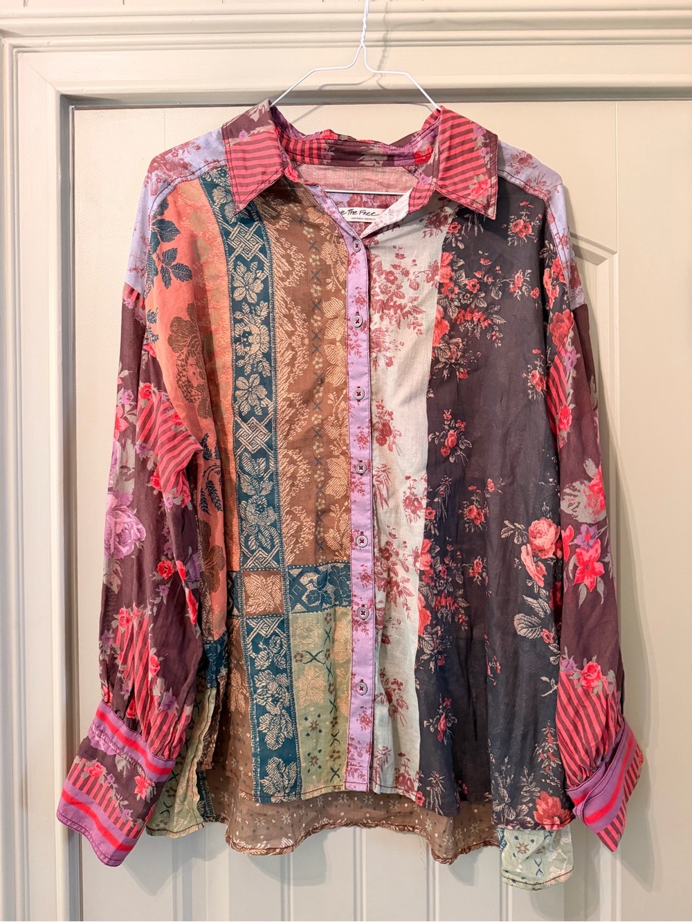 Free People Patchwork Boho Mixed Print Colorful Button-Down Shirt Large EUC